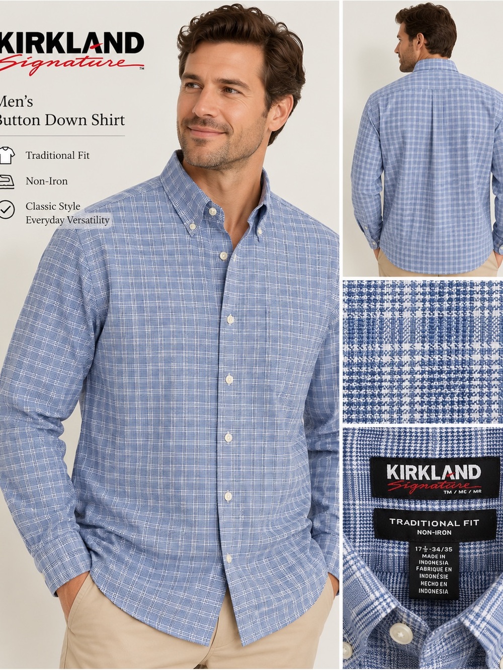 Kirkland Signature Men’s Blue Plaid Non-Iron Dress Shirt 17.5 34/35